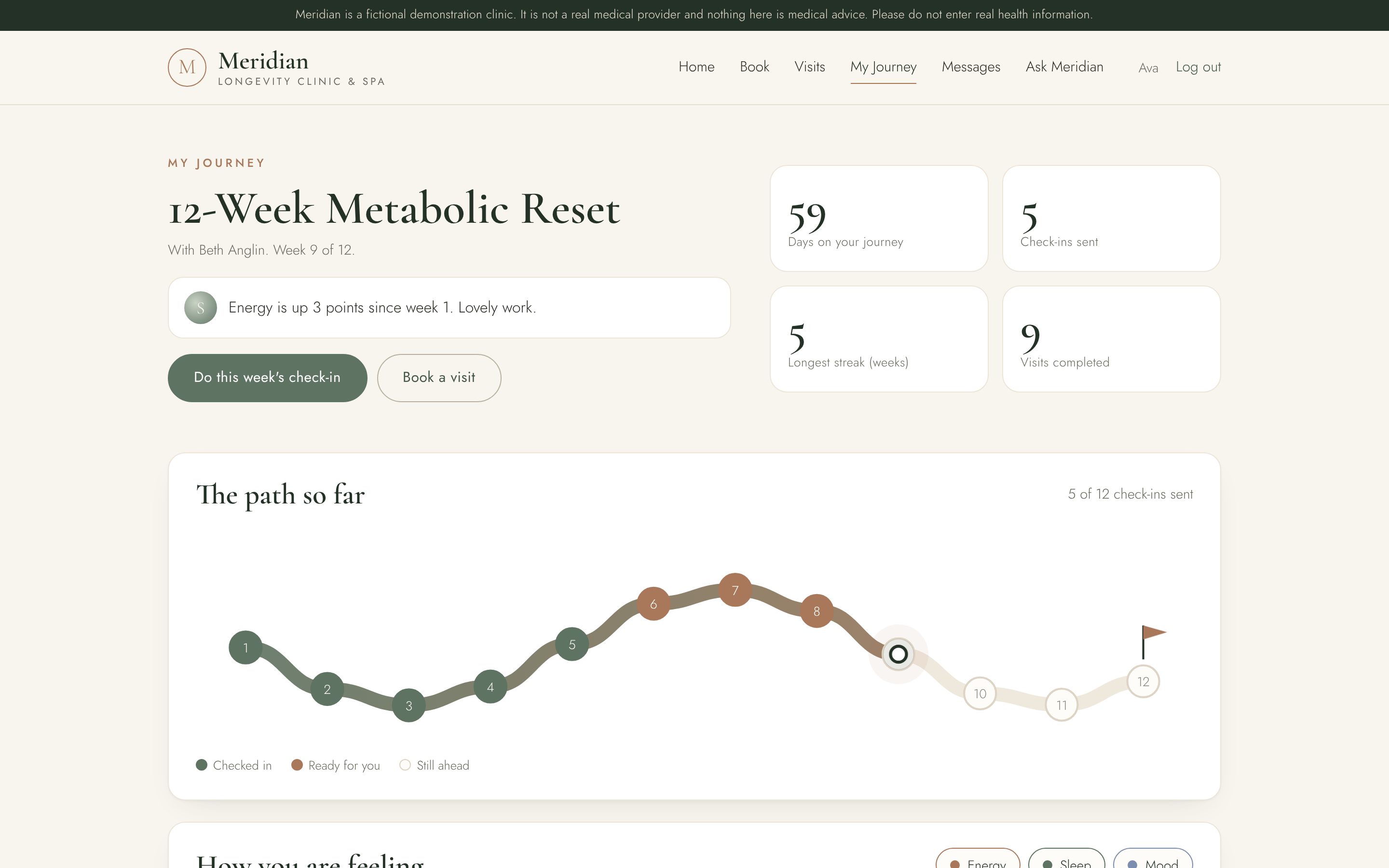 A client's program page with a winding progress path and weekly milestones.