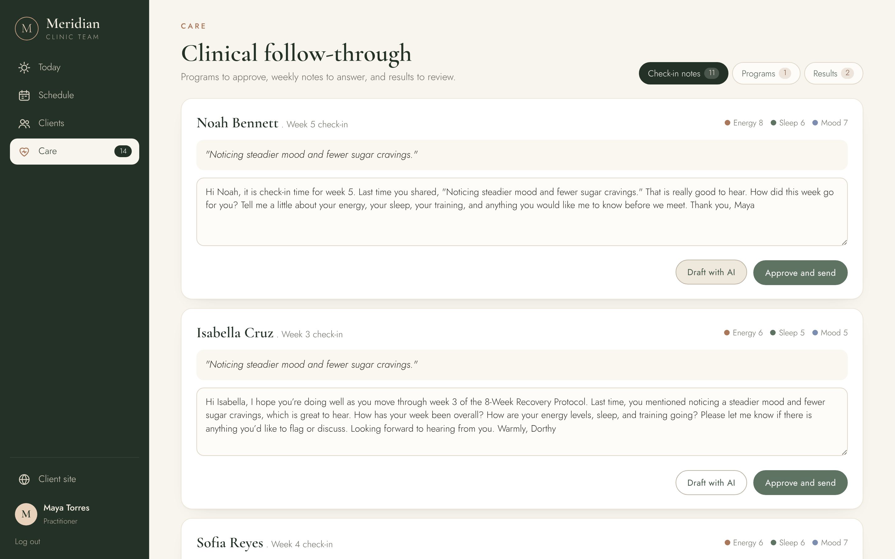 The practitioner care page with client check-in notes and a drafted reply.